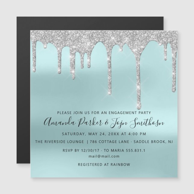 Invitación Magnética Gris Silver Spark Drips Bridal Boda Azul (Anverso/Reverso)