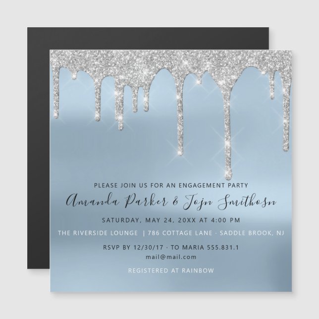 Invitación Magnética Gris Silver Spark Drips Bridal Boda Azul (Anverso/Reverso)