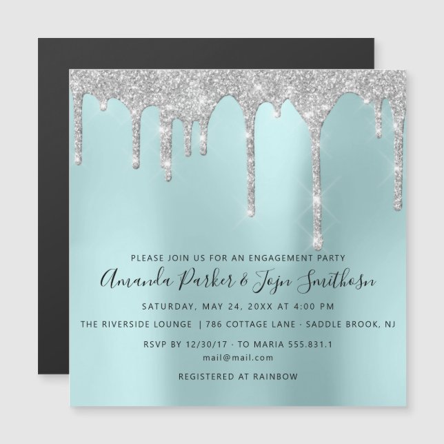 Invitación Magnética Gris Silver Spark Drips Nodal Boda Aqua (Anverso/Reverso)