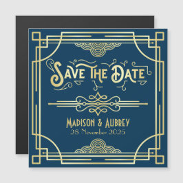 Invitación Magnética Guardar la fecha Art Deco Gatsby Glamor Azul Oro