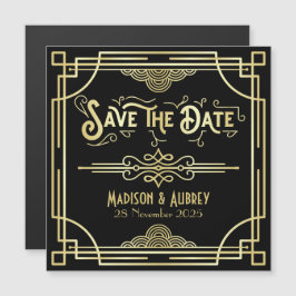 Invitación Magnética Guardar la fecha Art Deco Gatsby Glamour Oro Negro