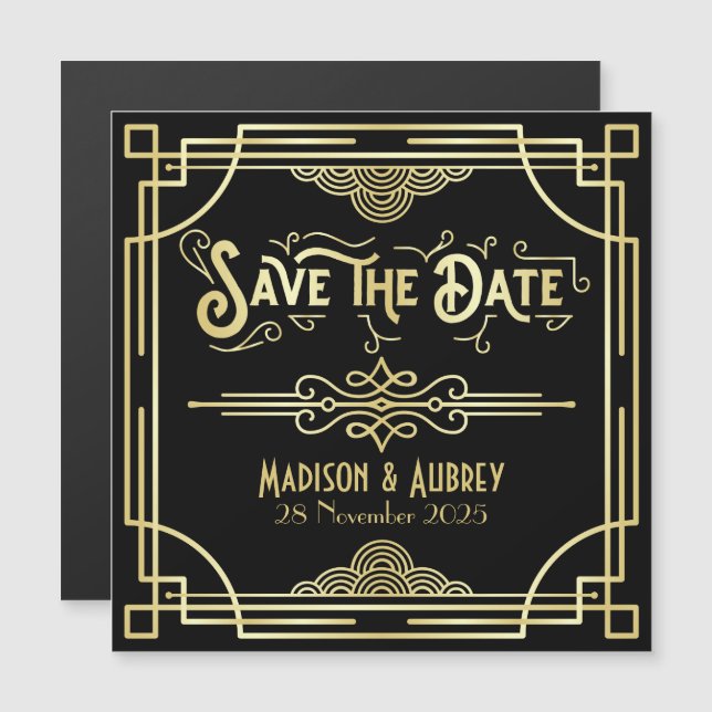 Invitación Magnética Guardar la fecha Art Deco Gatsby Glamour Oro Negro (Anverso/Reverso)