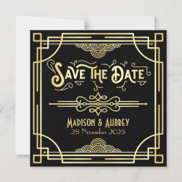 Invitación Magnética Guardar la fecha Art Deco Gatsby Glamour Oro Negro