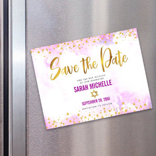 Invitación Magnética Guardar la Fecha Bat Mitzvah Dorado sobre Aquarela