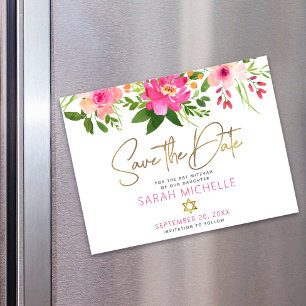 Invitación Magnética Guardar la fecha Bat Mitzvah Gold Script Floral Ro