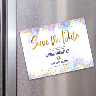 Invitación Magnética Guardar la fecha Bat Mitzvah oro púrpura acuarela