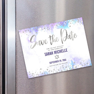 Invitación Magnética Guardar la fecha Bat Mitzvah Plata Púrpura Acuarel
