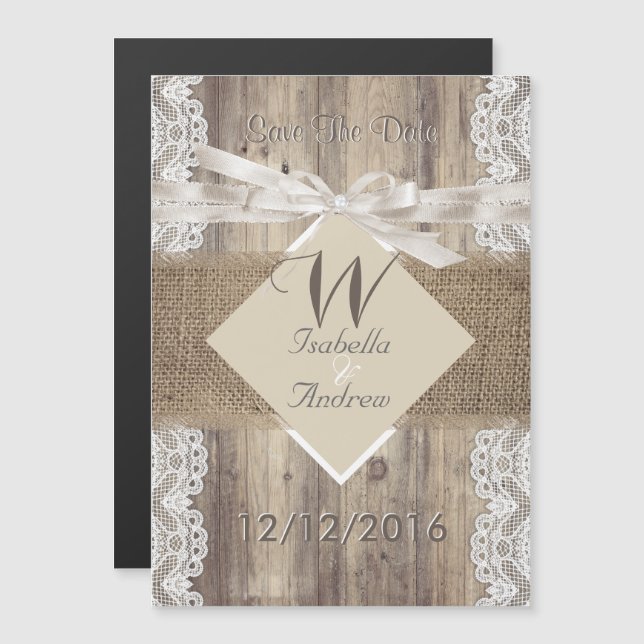 Invitación Magnética Guardar la fecha boda beige encaje blanco madera a (Anverso/Reverso)