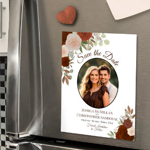 Invitación Magnética Guardar la fecha de boda floral boho naranja y fot