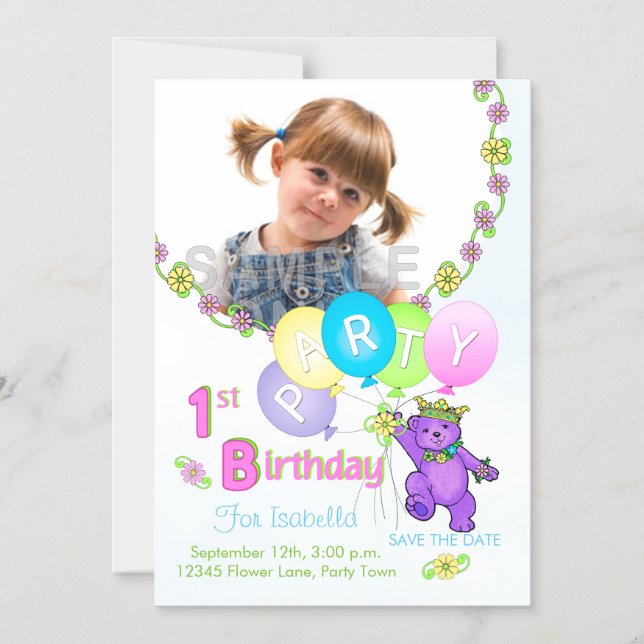 Invitación Magnética Guardar La Fecha Primer Cumpleaños Fiesta Morado O (Anverso)