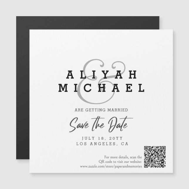 Invitación Magnética Guardar Mínimo La Fecha Código QR Boda Blanco Negr (Anverso/Reverso)