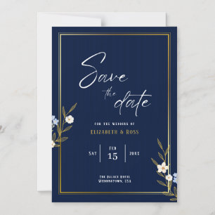 Invitación Magnética Guarde la fecha - Floral elegante de azul marino y