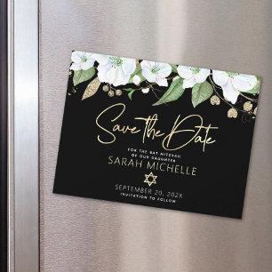 Invitación Magnética Guion de Bat Mitzvah de Oro Negro Floral Save the 