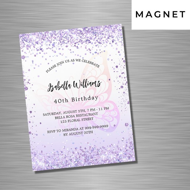 Invitación Magnética Guión de lavanda violeta con mariposa de cumpleaño (Subido por el creador)