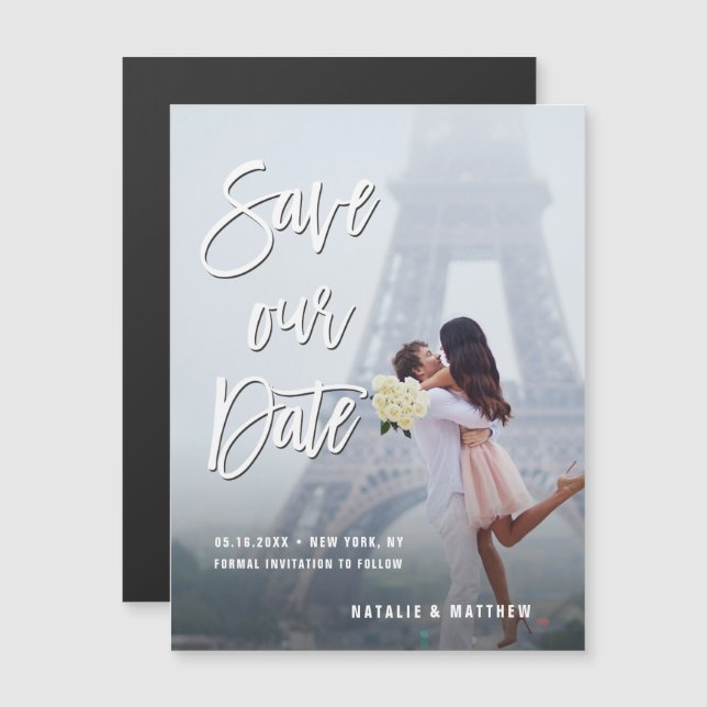 Invitación Magnética Guión manuscrito blanco Guardar nuestra foto de fe (Anverso/Reverso)