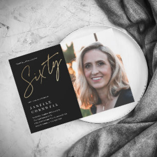 Invitación Magnética Guión mínimo Black Gold Photo 60th Cumpleaños