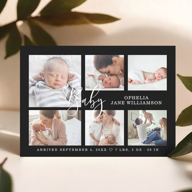Invitación Magnética Guión simple Collage de fotos de nacimiento del be (Simple Script Baby Birth Photo Collage Black Magnetic Invitation)