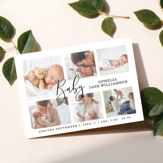 Invitación Magnética Guión simple Collage de fotos de nacimiento del be (Simple Script Baby Birth Photo Collage White Magnetic Invitation)
