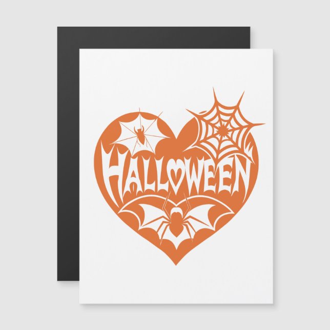 Invitación Magnética Halloween Heart, Orange Heart Shape, Spider Web (Anverso/Reverso)