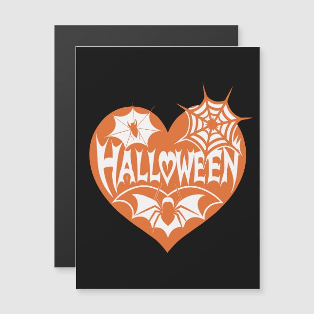 Invitación Magnética Halloween Heart, Orange Heart Shape, Spider Web (Anverso/Reverso)