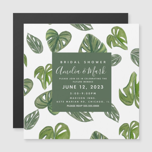 Invitación Magnética Hand Watercolor Monstera Adansonii Leaf Bridal (Anverso/Reverso)