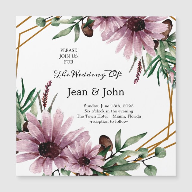 Invitación Magnética Hermosa Boda de Flores Violetas (Anverso)