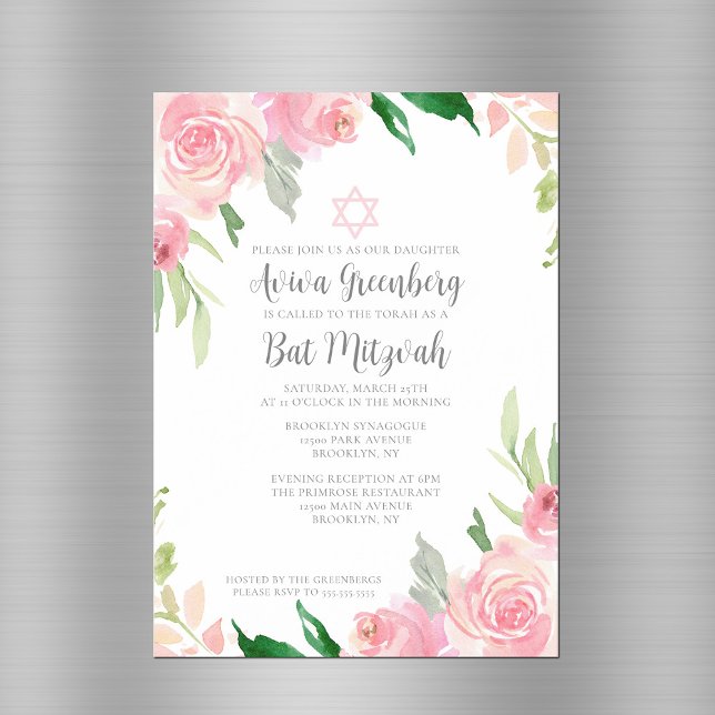 Invitación Magnética Hermosa fiesta de Bat Mitzvah floral rosa (Subido por el creador)