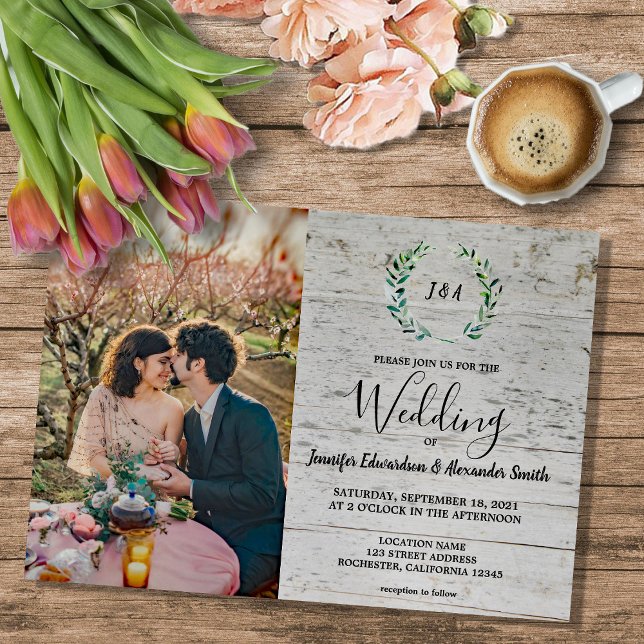 Invitación Magnética Hojas rusas en Boda fotográfico de monograma de ma (Rustic leaves on wood monogrammed photo Magnetic wedding Invitation.)