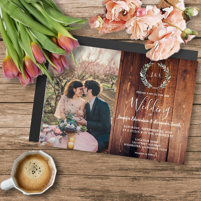 Invitación Magnética Hojas rusas en el Boda fotográfico de madera de gr (Rustic watercolor leaves, barn wood photo magnetic wedding invitation.)