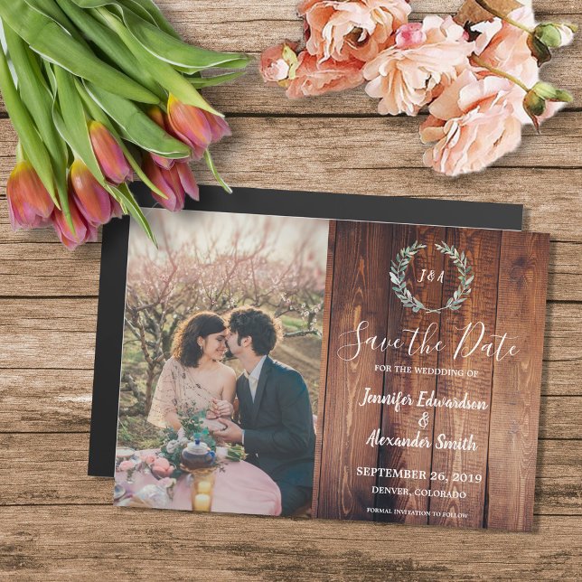 Invitación Magnética Hojas rusticas en una foto de madera de granero Gu (Rustic watercolor leaves on barn wood photo magnetic Save the Date card.)