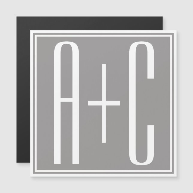 Invitación Magnética Iniciales de parejas modificables | Blanco y gris (Anverso/Reverso)