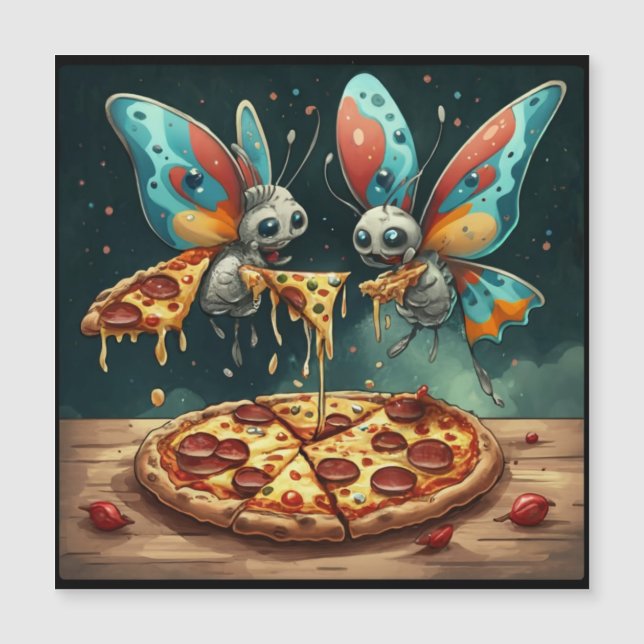 Invitación Magnética Insectos divertidos y lindos comiendo una pizza id (Anverso)