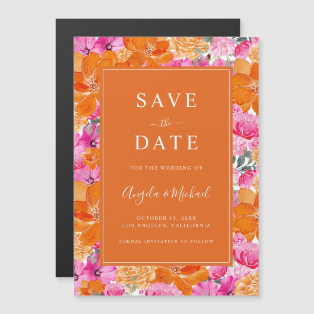 Invitación Magnética Jardín de verano vibrante | Boda rosa y Naranja (Anverso/Reverso)