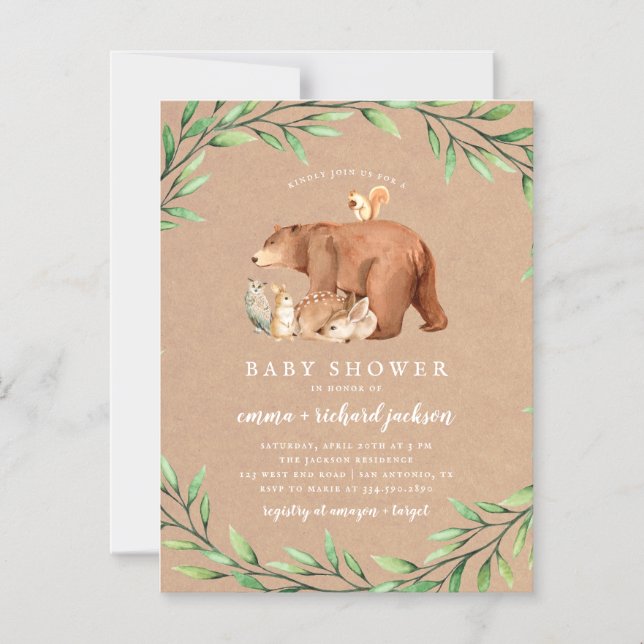 Invitación Magnética Kraft Woodland Greenery Forest Animals Baby Shower (Anverso)