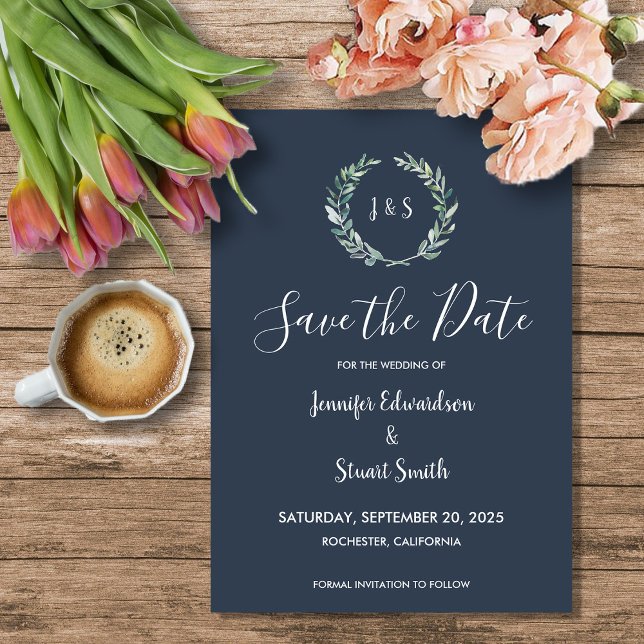 Invitación Magnética La acuarela rústica deja azul marino Guardar las f (Rustic watercolor leaves navy blue monogrammed magnetic save the date card.)