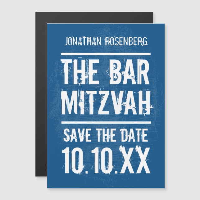 Invitación Magnética La banda de rock Mitzvah salva la fecha en azul (Anverso/Reverso)