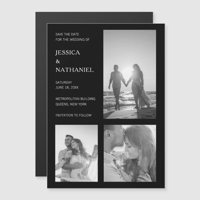 Invitación Magnética La boda moderna y negra del collage de fotos salva (Anverso/Reverso)