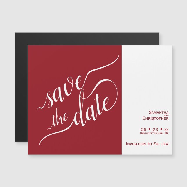 Invitación Magnética La caligrafía moderna La boda roja salva la fecha (Anverso/Reverso)