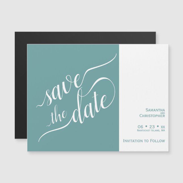Invitación Magnética La caligrafía moderna La boda Verde azulada salva  (Anverso/Reverso)