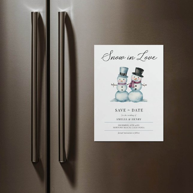 Invitación Magnética La nieve en el amor La divertida boda de invierno  (winter wedding magnet save the date snow in love mr mrs snowman funny cute watercolor)