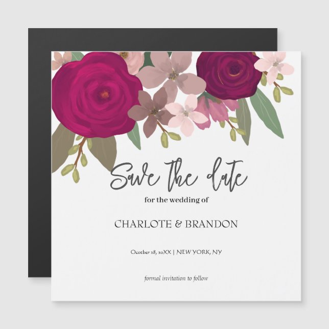 Invitación Magnética Las flores de los jardines de Borgoña Boda salva l (Anverso/Reverso)