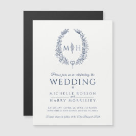 Invitación Magnética Leaf línea ovalada boda azul marino y blanco