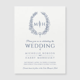 Invitación Magnética Leaf línea ovalada boda azul marino y blanco