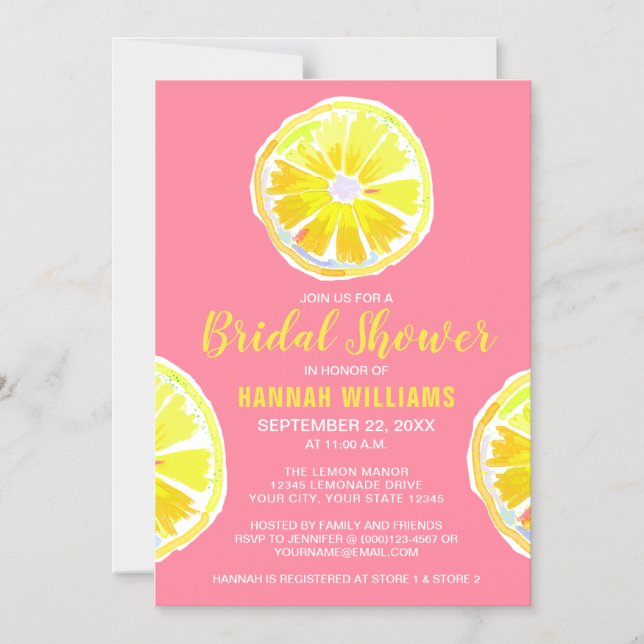 Invitación Magnética Lemon Watercolor Pink Bridal Shower (Anverso)