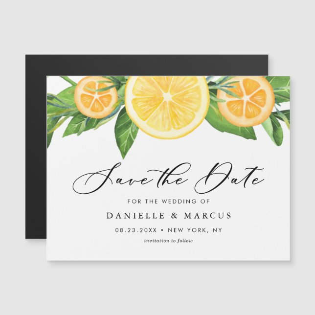 Invitación Magnética Lemones acuarela y Naranjas Verano Guardar la fech (Anverso/Reverso)