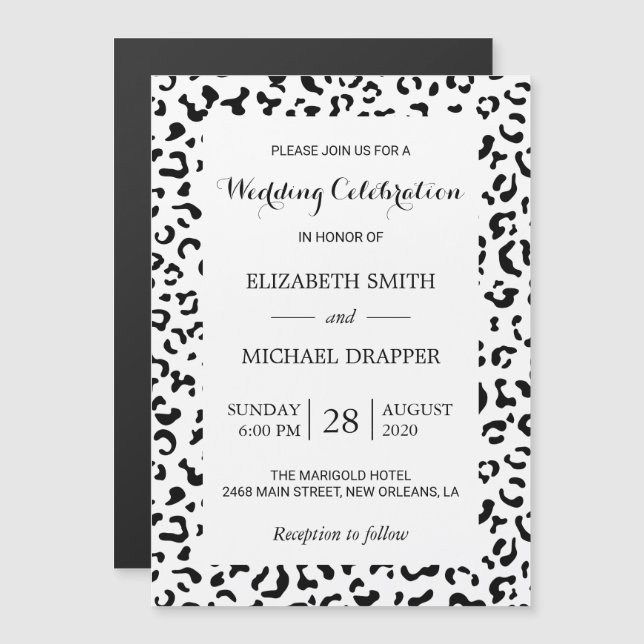 Invitación Magnética Leopard Print, Spots, Black and White, Boda (Anverso/Reverso)
