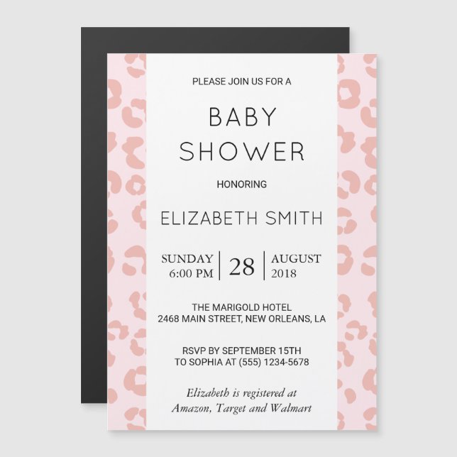 Invitación Magnética Leopard Print, Spots, Pink Leopard, Baby Shower (Anverso/Reverso)
