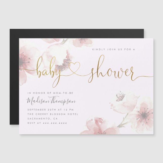 Invitación Magnética Lila | Cherry Blossom Gold Floral Baby Shower (Anverso/Reverso)