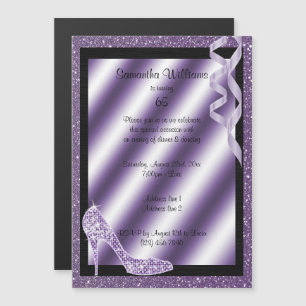 Invitación Magnética Lilac Purpurinoso Stiletto y Streamers 65º cumplea