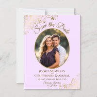Lilac y Gold Posh Boda Guardar la Fecha Foto Oval